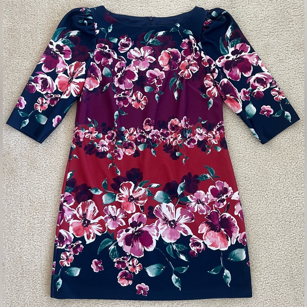 Jessica Howard Navy Blue Wine Floral Print Sheath Dress with Sleeves Size 14P